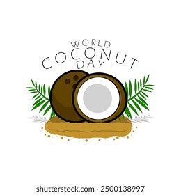 World Coconut Day event fruit banner. Whole coconut and half coconut with leaf twigs on beach sand isolated on white background to celebrate on September 2nd