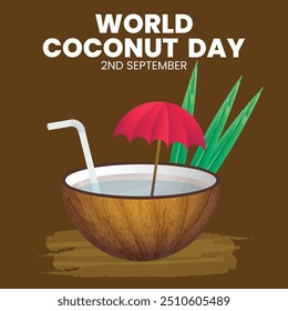 world coconut day poster design, Coconut vector illustration, 2 September coconut day, concept flat design, coconut tree