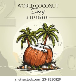 World coconut Day Social Media Design, Coconut Tree with Leaves and fruits Vector Stock Illustration