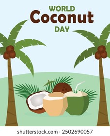 World coconut day. Coconut tree and  coconuts isolated on background. 2nd September.