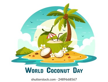 Ilustración vectorial del Día Mundial del Coco el 2 de septiembre con flores, hojas tropicales y un fondo de playa en diseño plano de dibujos animados