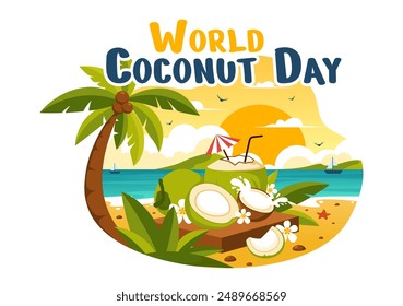 World Coconut Day Vector Illustration on September 2nd featuring Flowers, Tropical Leaves, and a Beach Background in Flat Style Cartoon Design