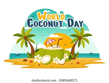 World Coconut Day Vector Illustration on September 2nd featuring Flowers, Tropical Leaves, and a Beach Background in Flat Style Cartoon Design