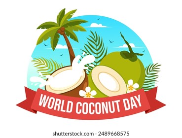 World Coconut Day Vector Illustration on September 2nd featuring Flowers, Tropical Leaves, and a Beach Background in Flat Style Cartoon Design
