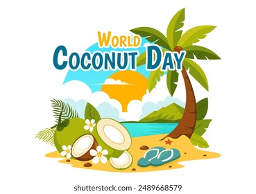 World Coconut Day Vector Illustration on September 2nd featuring Flowers, Tropical Leaves, and a Beach Background in Flat Style Cartoon Design