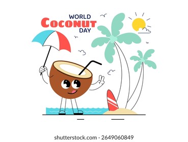 World Coconut Day Vector Illustration on September 2nd featuring Coconut Trees, Flowers, Tropical Leaves, and a Beach in a Flat Style Background