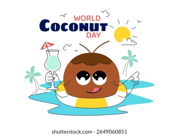 World Coconut Day Vector Illustration on September 2nd featuring Coconut Trees, Flowers, Tropical Leaves, and a Beach in a Flat Style Background