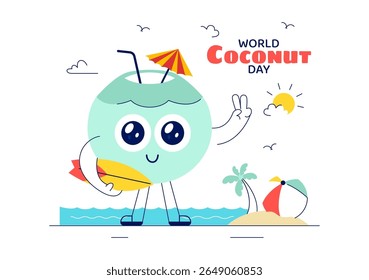 World Coconut Day Vector Illustration on September 2nd featuring Coconut Trees, Flowers, Tropical Leaves, and a Beach in a Flat Style Background