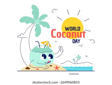 World Coconut Day Vector Illustration on September 2nd featuring Coconut Trees, Flowers, Tropical Leaves, and a Beach in a Flat Style Background