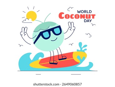 World Coconut Day Vector Illustration on September 2nd featuring Coconut Trees, Flowers, Tropical Leaves, and a Beach in a Flat Style Background