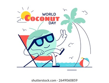 World Coconut Day Vector Illustration on September 2nd featuring Coconut Trees, Flowers, Tropical Leaves, and a Beach in a Flat Style Background