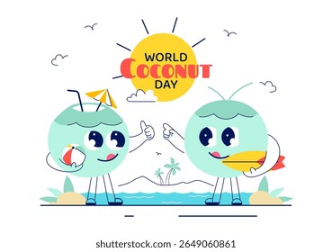 World Coconut Day Vector Illustration on September 2nd featuring Coconut Trees, Flowers, Tropical Leaves, and a Beach in a Flat Style Background
