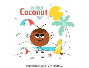World Coconut Day Vector Illustration on September 2nd featuring Coconut Trees, Flowers, Tropical Leaves, and a Beach in a Flat Style Background