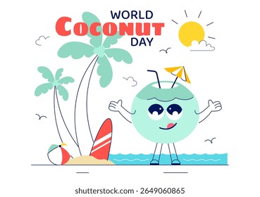 World Coconut Day Vector Illustration on September 2nd featuring Coconut Trees, Flowers, Tropical Leaves, and a Beach in a Flat Style Background