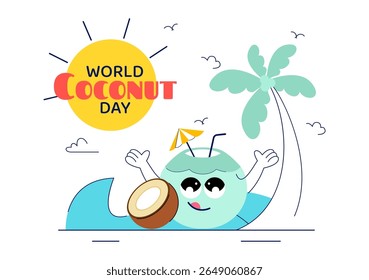 World Coconut Day Vector Illustration on September 2nd featuring Coconut Trees, Flowers, Tropical Leaves, and a Beach in a Flat Style Background