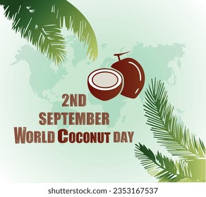 World Coconut Day" vector coconut with a map of the world and two coconut trees behind it, suitable for use as a greeting on world coconut day post Template, Vector Design Illustration 