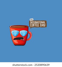 World Coffee day cartoon poster, print, label sticker, funny banner. International coffee day cute illustration with happy red coffee cup character and greeting text isolated on blue background.