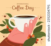 World coffee day celebration. happy international coffee day background. October 1. international day of coffee. Vector illustration. Poster, Banner, Greeting Card, Flyer, Template. coffee cup. beans.