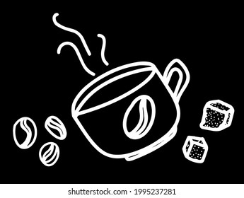 World Coffee Day, doodle illustration, coffee mug, minimalistic drawings, cartoon style, black doodle, isolated images, vector illustrations. Vector illustration, sugar cubes, coffee beans