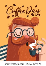 world coffee day. illustration of a bearded man enjoying a cup of hot coffee