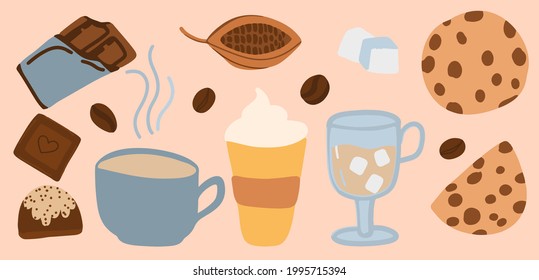 world coffee day, international coffee day, international chocolate day, cartoon illustration, coffee mugs, chocolate bar and candy, chocolate chip cookies, isolated images, vector illustrations