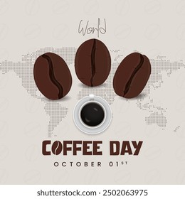 World Coffee Day October 1st banner with coffee and map illustration background