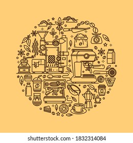 World of coffee line illusrtration on circle forlm illustration