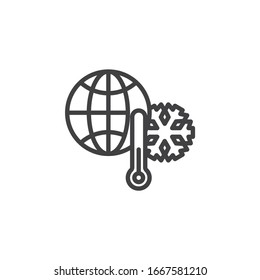 World cold temperature line icon. linear style sign for mobile concept and web design. Global Thermometer with snowflake outline vector icon. Meteorology symbol, logo illustration. Vector graphics
