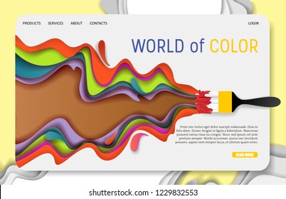 World of color landing page website template. Vector paper cut paintbrush and colored paint brush stroke. Colorful paint layers in paper craft style.