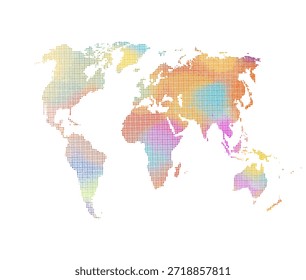 Mapa mundial coloreado hecho de puntos sobre un fondo blanco. Dibujado a mano. No IA, Ilustración vectorial