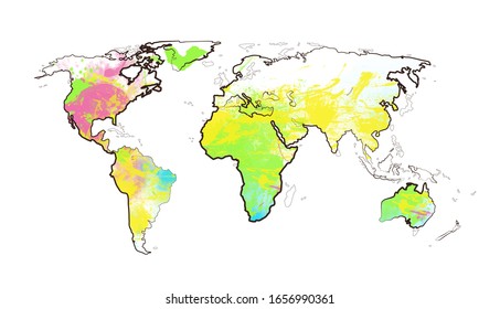 World colorful map. Black outlines with bright watercolor textures.