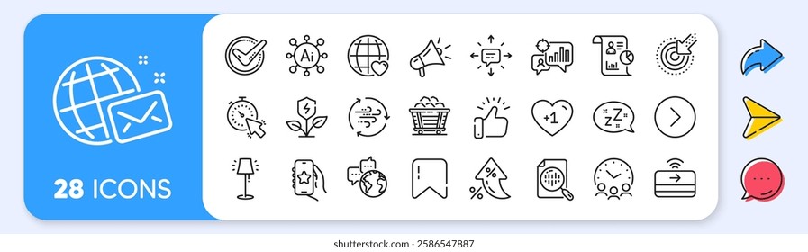 World communication, International love and Meeting time line icons. Interest rate, AI generate, Inflation icons. Pack of Contactless payment, Megaphone, Analytics chart icon. Vector