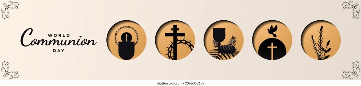 World Communion Day Banner with Communion and Religious icons. Sacramental bread symbols.  Celebrated October 1. Vector Illustration.