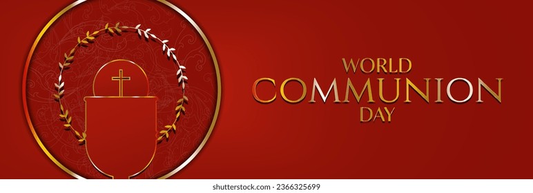 World Communion Day Red and Gold Greeting Banner. Gold typography with golden-lined cap and Sacramental bread framed by a wreath. Celebrated on October 1. Vector Illustration.