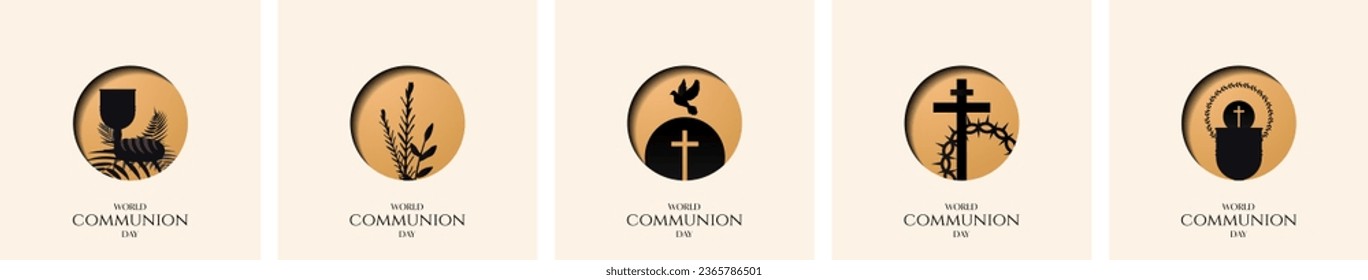 World Communion day Sunset Icon Cards. Flat religious icon background. Wheat and palm, three crosses, chalice and communion bread with holy spirit, crown of thorns, cup and loaf. Sunday. Vector.
