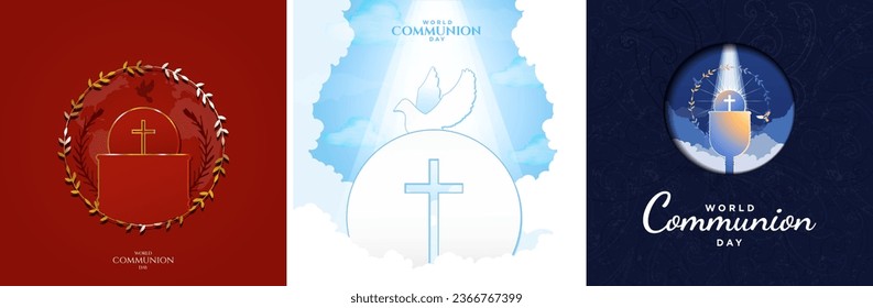 World Communion Sunday Greeting Cards. Sacramental bread, chalice cup, and holy spirit icon illustrations. Vector Illustration. 