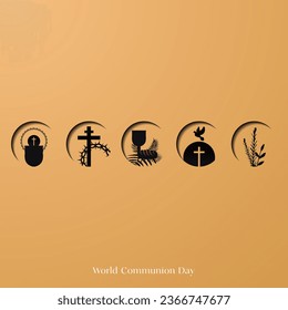 World Communion Sunday Minimalist Poster. Communion Icons and symbols. Wheat and palm, three crosses, chalice and sacramental bread with holy spirit, crown of thorns, cup and loaf. Vector.