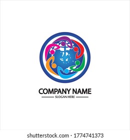 world community logo with people and globe illustration design vector.