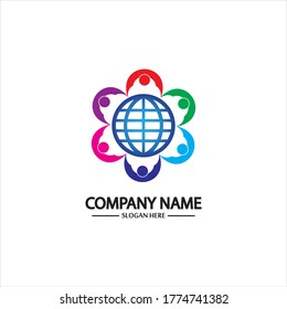 world community logo with people and globe illustration design vector.