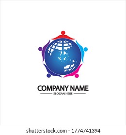 world community logo with people and globe illustration design vector.