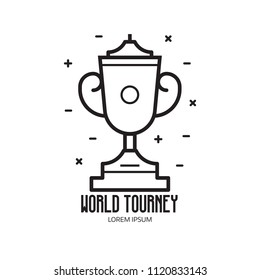 World competition logo template with trophy cup icon in line art. Winner logo or emblem with chalice sport prize on pedestal.