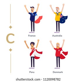 World competition. Soccer fans support national teams. Football fan with flag. France, Australia, Peru, Denmark. Sport celebration. Modern flat illustration.