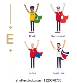 World competition. Soccer fans support national teams. Football fan with flag. Brazil, Switzerland, Serbia, Costa Rica. Sport celebration. Modern flat illustration.