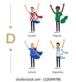 World competition. Soccer fans support national teams. Football fan with flag. Croatia, Nigeria, Iceland, Argentina. Sport celebration. Modern flat illustration.