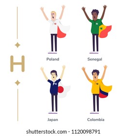 World competition. Soccer fans support national teams. Football fan with flag. Poland, Senegal, Japan, Columbia. Sport celebration. Modern flat illustration.