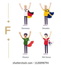 World competition. Soccer fans support national teams. Football fan with flag. Germany, Sweden, Mexico, South Korea. Sport celebration. Modern flat illustration.