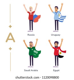 World competition. Soccer fans support national teams. Football fan with flag. Russia, Uruguay, Saudi Arabia, Egypt. Sport celebration. Modern flat illustration.