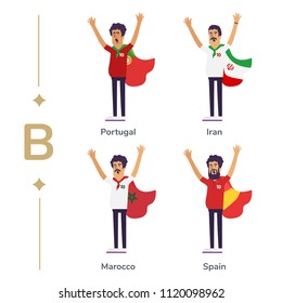 World competition. Soccer fans support national teams. Football fan with flag. Portugal, Iran, Marocco, Spain. Sport celebration. Modern flat illustration.
