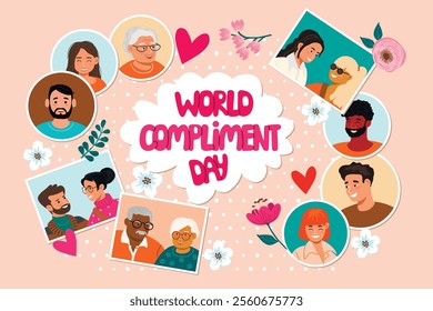 World Compliment Day banner with different people.Cartoon collection of photos with men and women,hand written,hearts,leaves and flowers.Vector designs set isolated on pink.Flat color illustration.