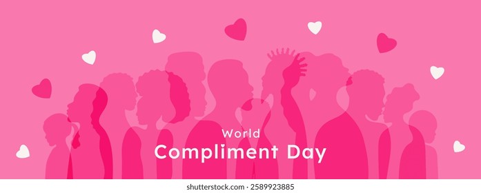 World Compliment Day banner template. Pink colors diversity people silhouette with hearts. Different nationalities, genders and ages human profile. Poster cover card info love, support and bouquet